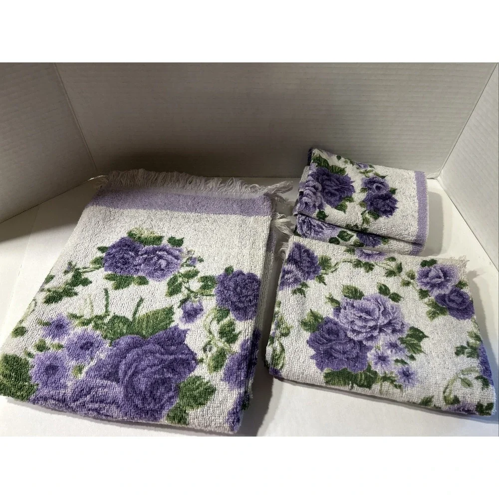 Vtg JCPenney Fashion Manor Floral Lavender Roses Bath & Hand Towel 2 Washcloths